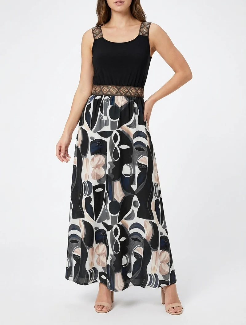 Robe imprimé peinture abstraite à bretelles stylisées - Noir