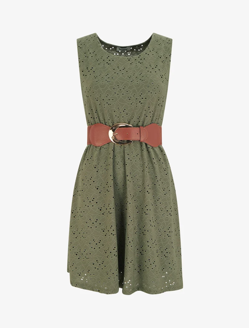 Robe évasée sans manches en broderie anglaise - Kaki