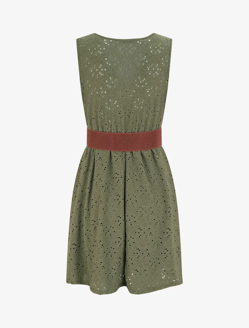 Robe évasée sans manches en broderie anglaise - Kaki
