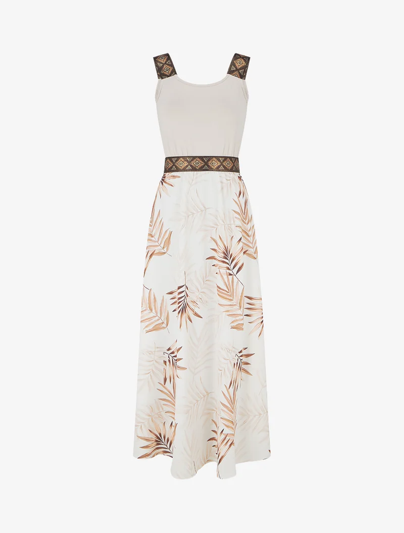 Robe imprimé feuillage à bretelles stylisées - Beige