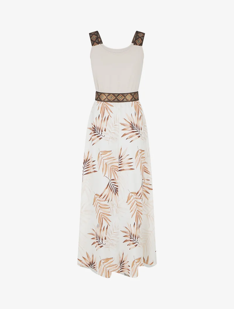 Robe imprimé feuillage à bretelles stylisées - Beige
