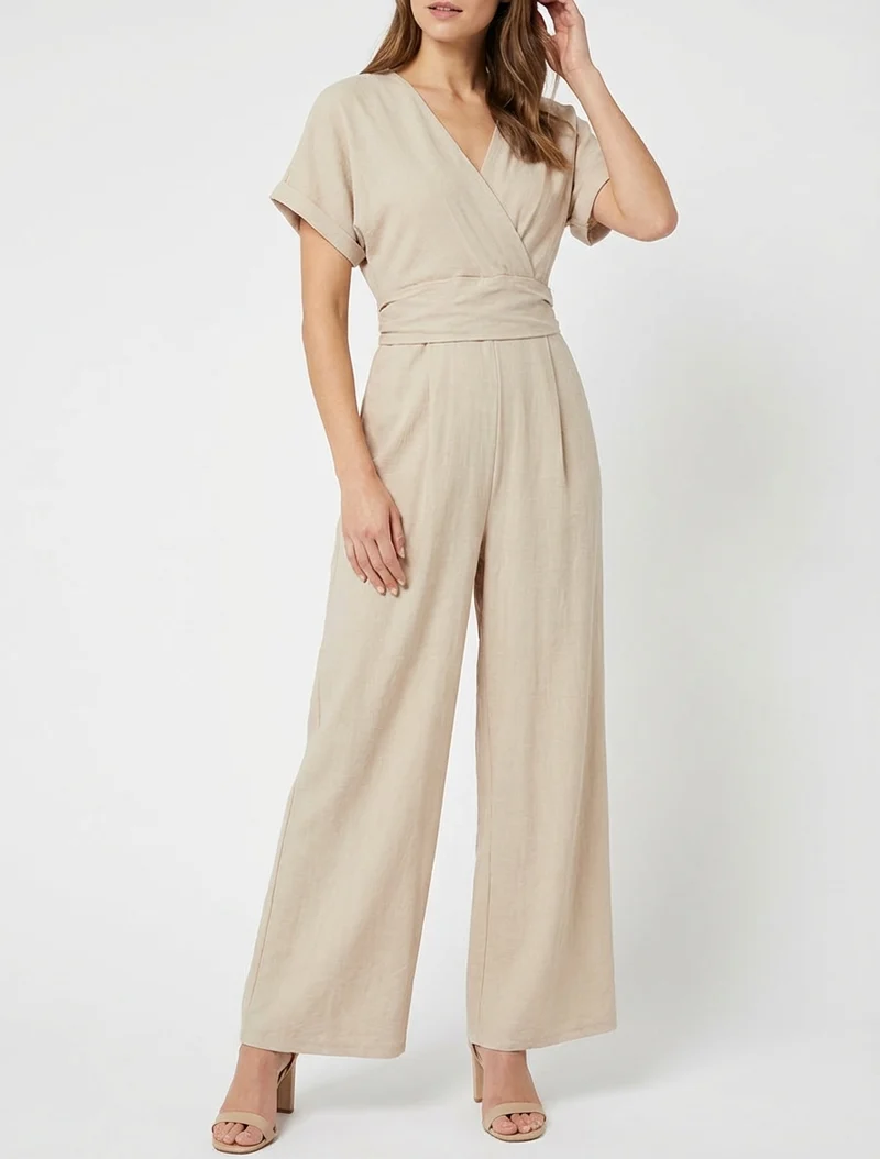 Combinaison unie à manches courtes - Beige
