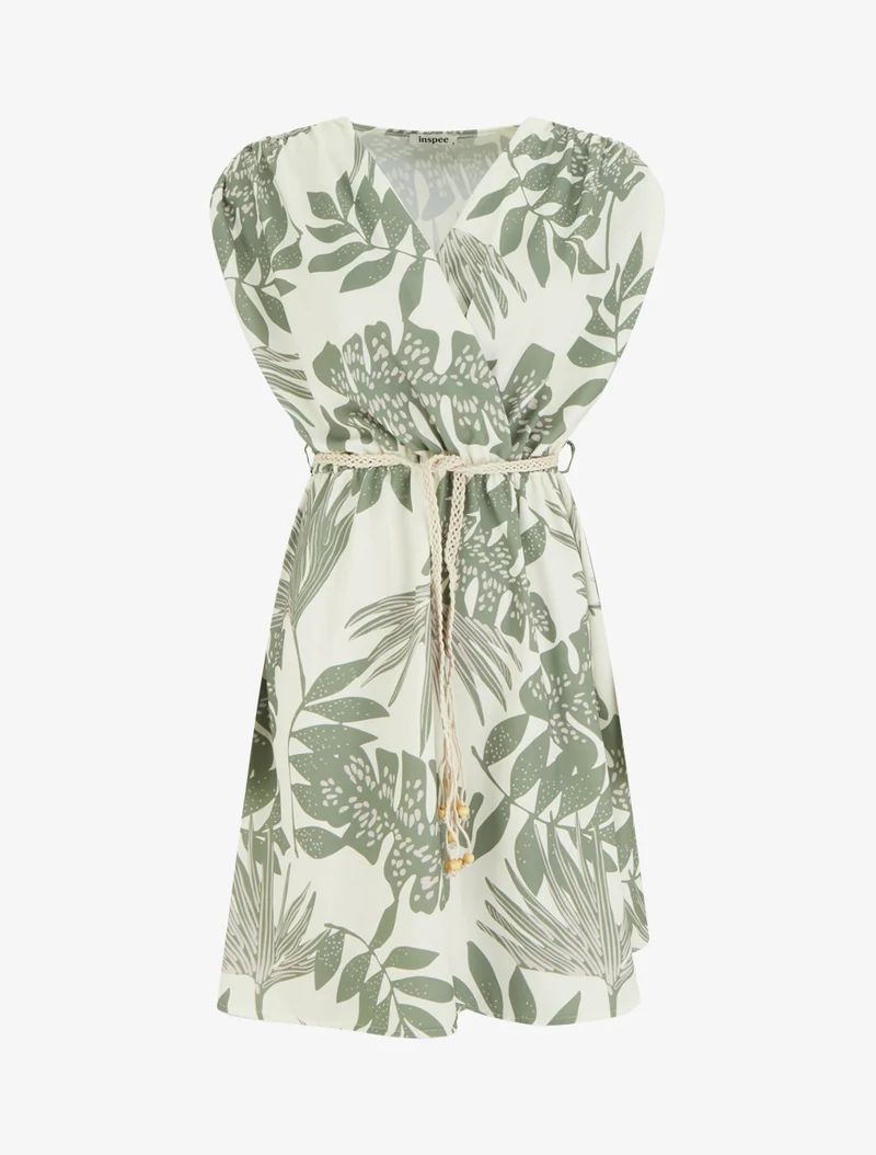Robe mi-longue sans manches imprimé tropical - Kaki