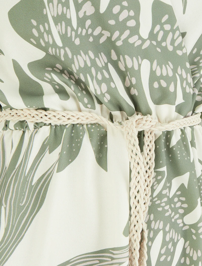 Robe mi-longue sans manches imprimé tropical - Kaki