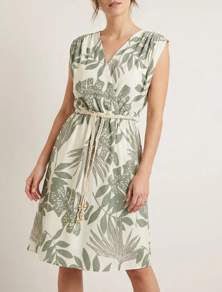 Robe mi-longue sans manches imprimé tropical - Kaki