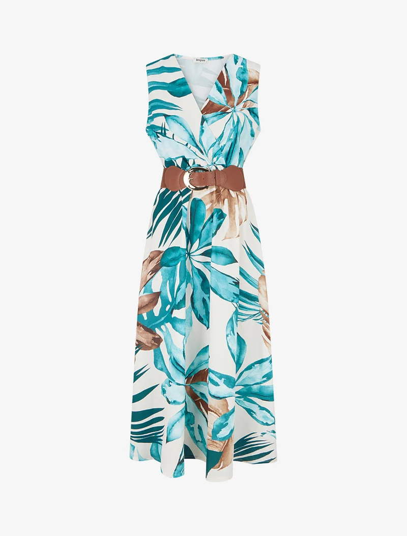 Robe sans manches imprimé feuillage - Bleu canard