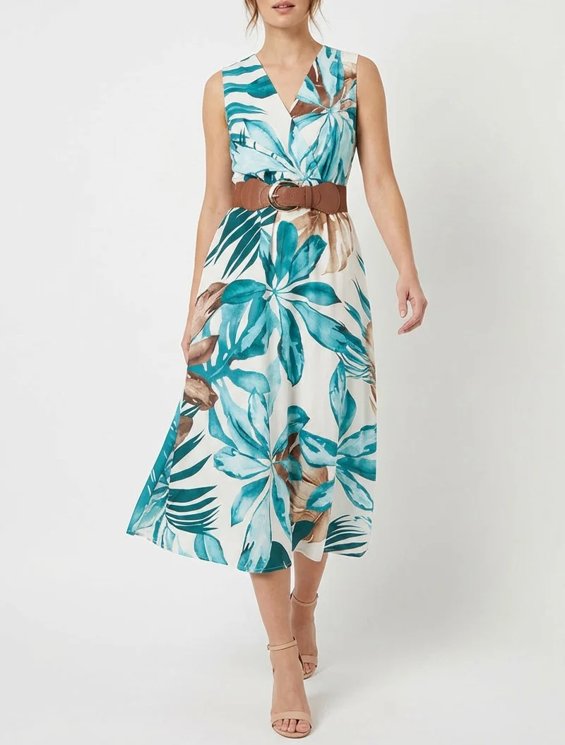 Robe sans manches imprimé feuillage - Bleu canard
