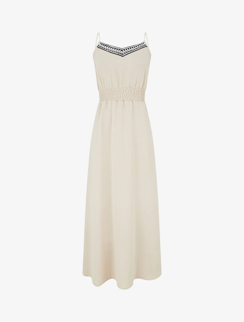 Robe longue unie à taille élastiquée - Beige