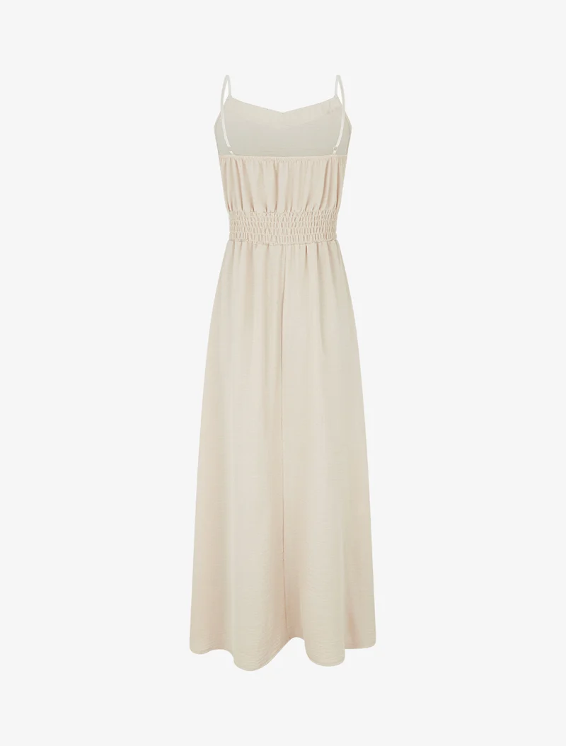 Robe longue unie à taille élastiquée - Beige