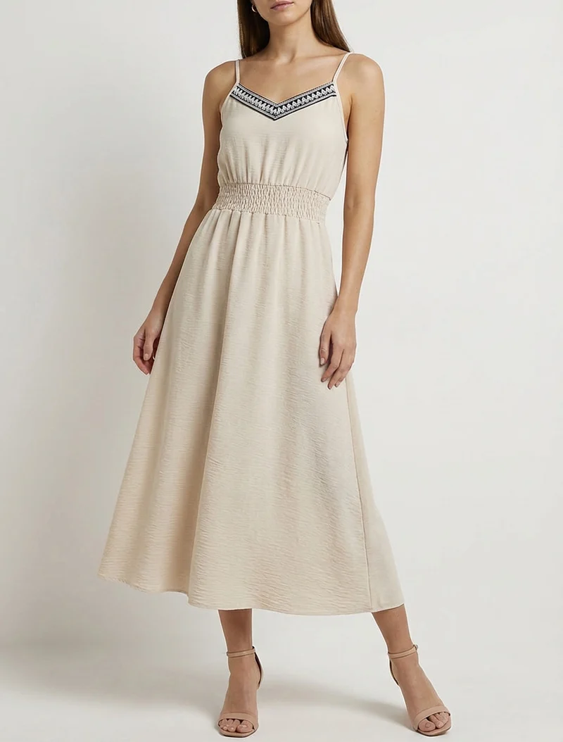 Robe longue unie à taille élastiquée - Beige
