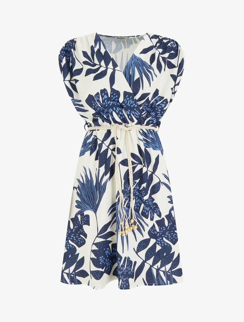 Robe mi-longue sans manches imprimé tropical - Marine