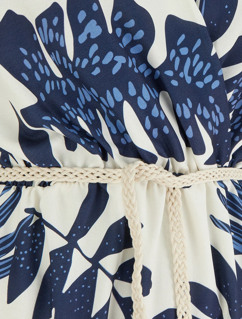 Robe mi-longue sans manches imprimé tropical - Marine