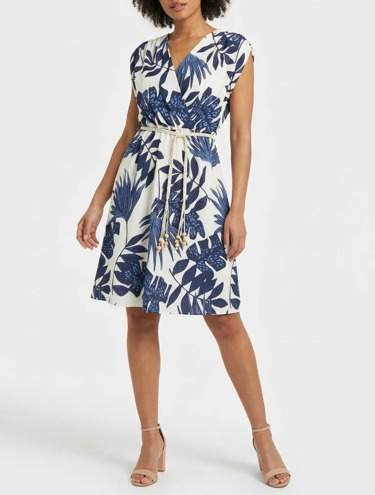 Robe mi-longue sans manches imprimé tropical - Marine
