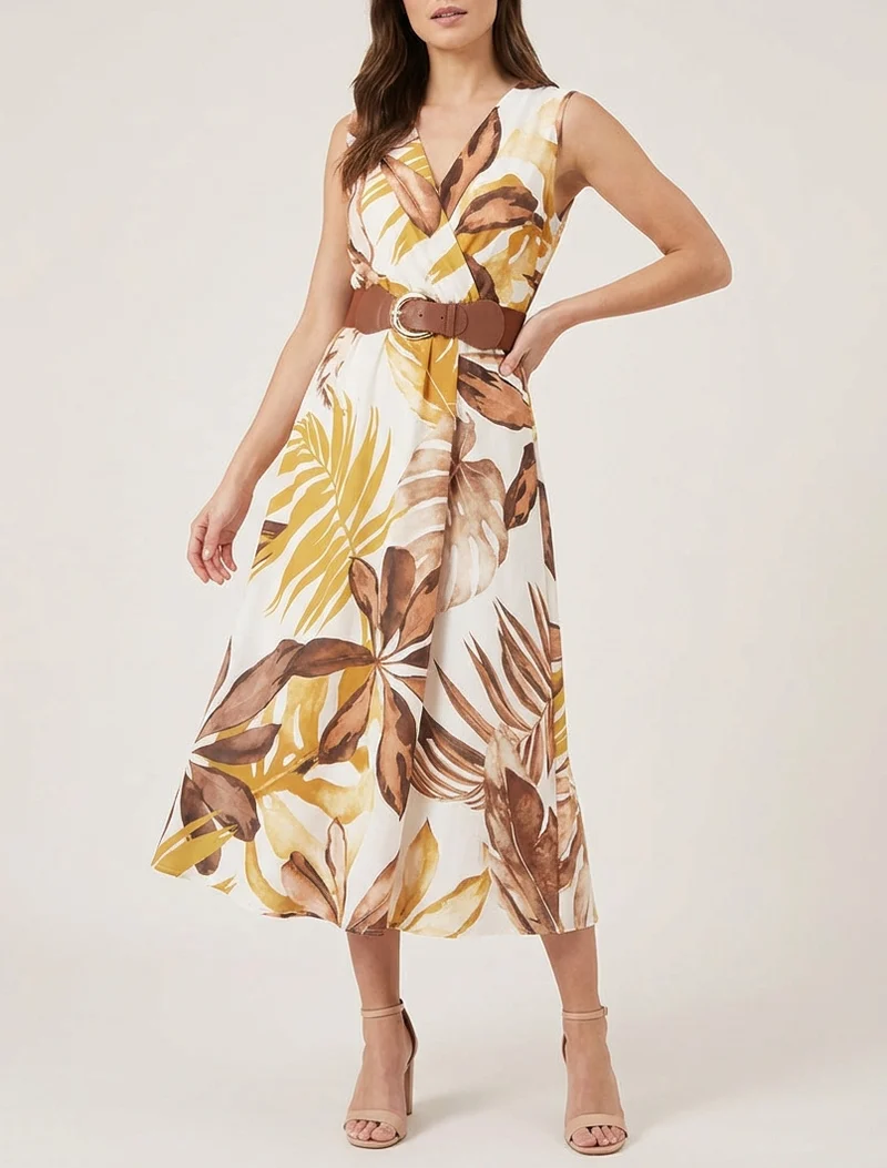 Robe sans manches imprimé feuillage - Jaune moutarde
