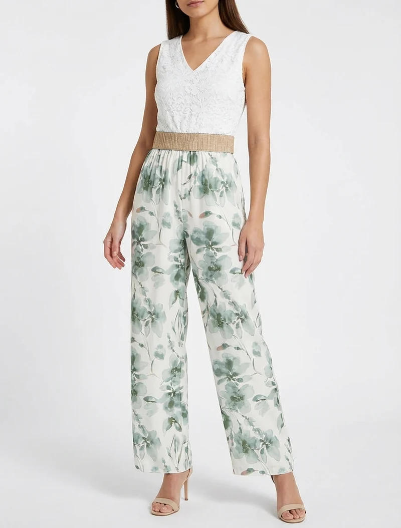Combinaison à dentelle et imprimé floral - Kaki