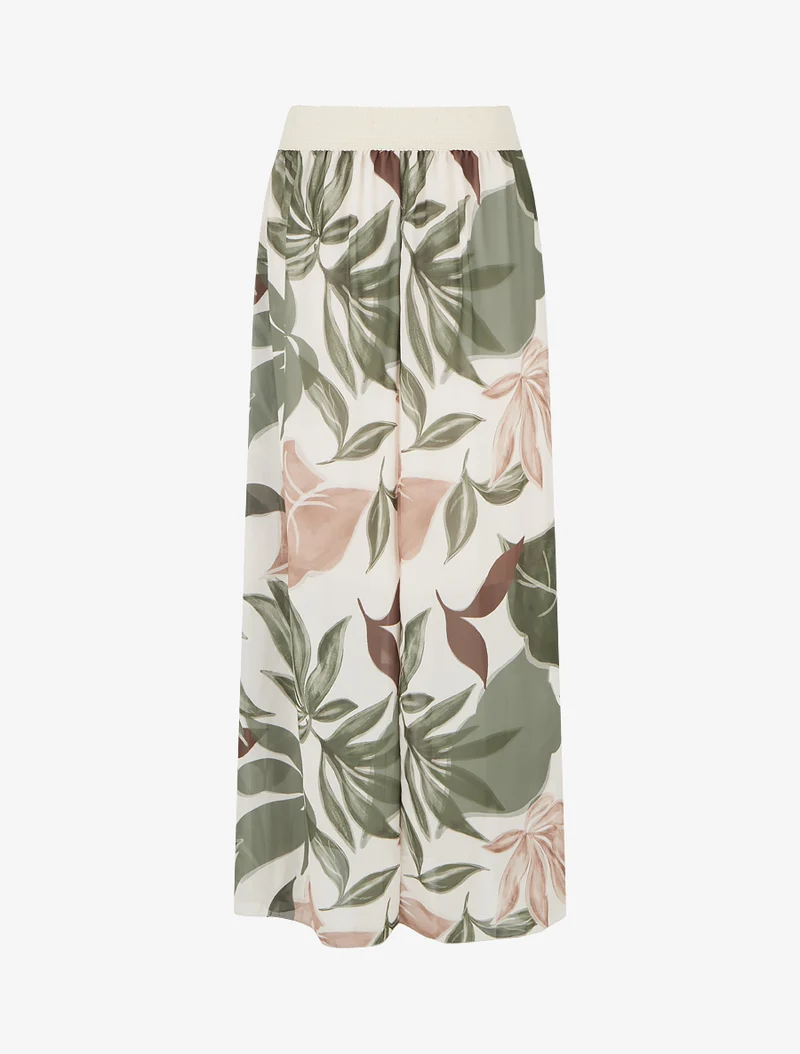 Jupe élastiquée à imprimé grandes feuilles - Kaki