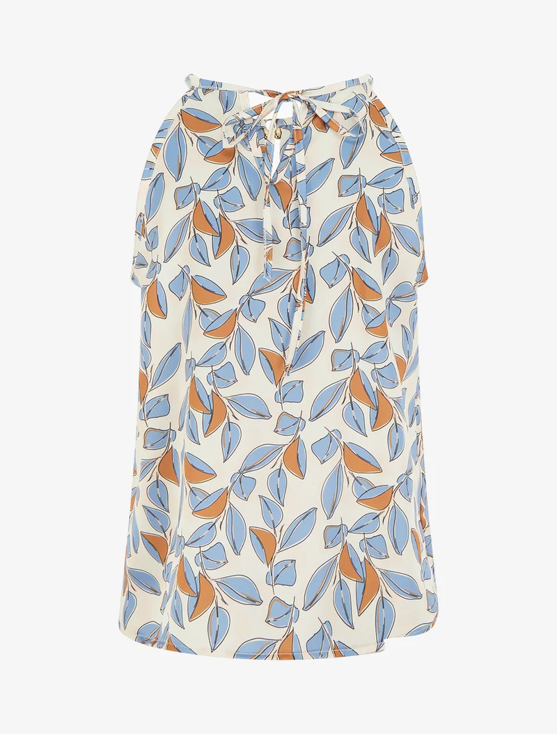 Top satiné sans manches imprimé feuilles - Bleu ciel