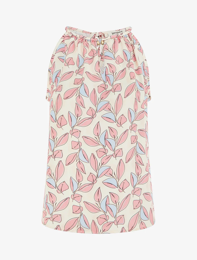 Top satiné sans manches imprimé feuilles - Rose