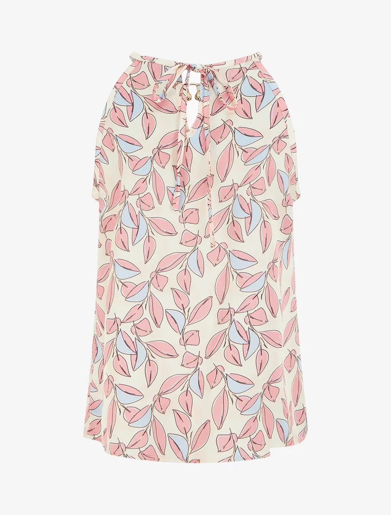 Top satiné sans manches imprimé feuilles - Rose
