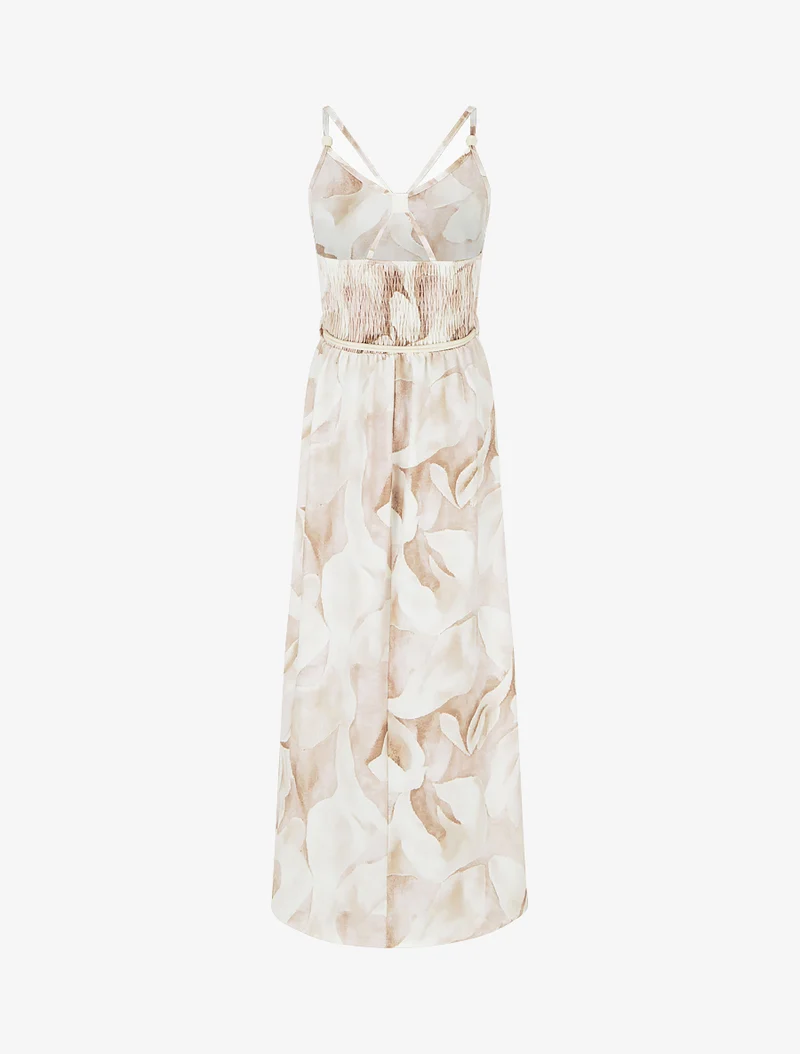 Robe longue imprimé floral à taille élastiquée - Beige