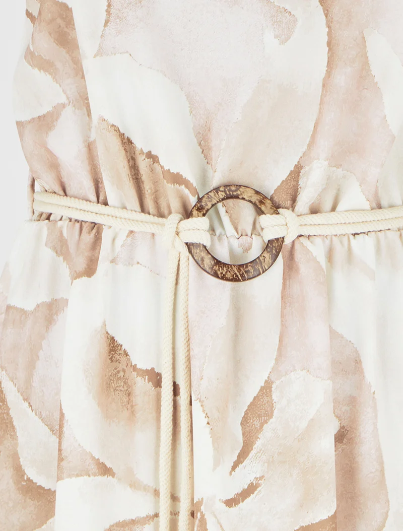 Robe longue imprimé floral à taille élastiquée - Beige