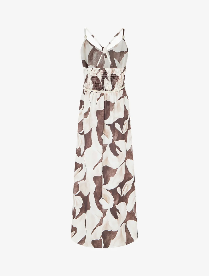 Robe longue imprimé floral à taille élastiquée - Marron