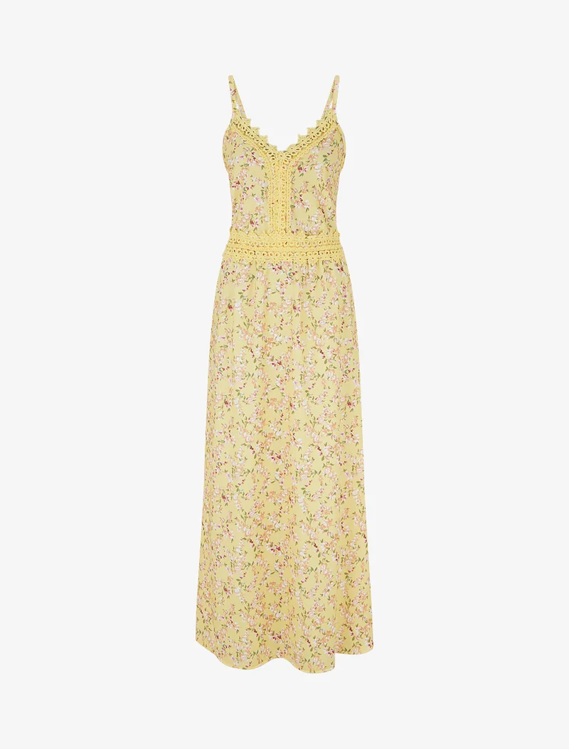 Robe longue fleurie à dos élastiqué - Jaune