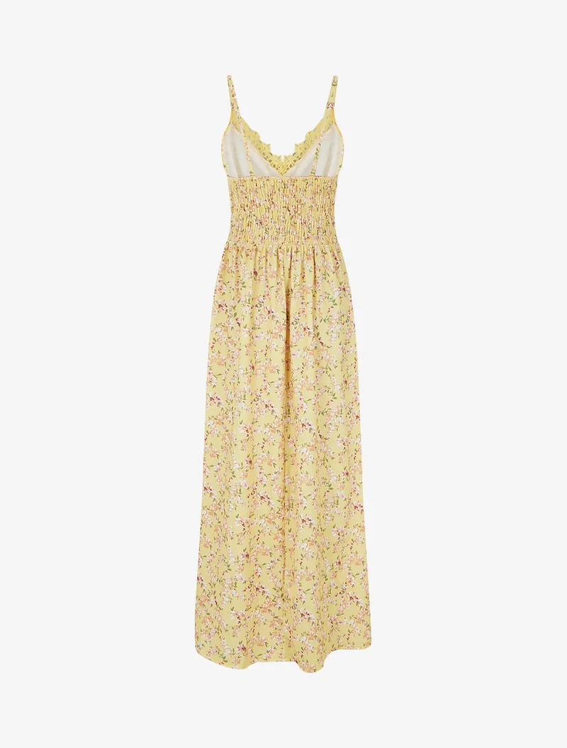 Robe longue fleurie à dos élastiqué - Jaune
