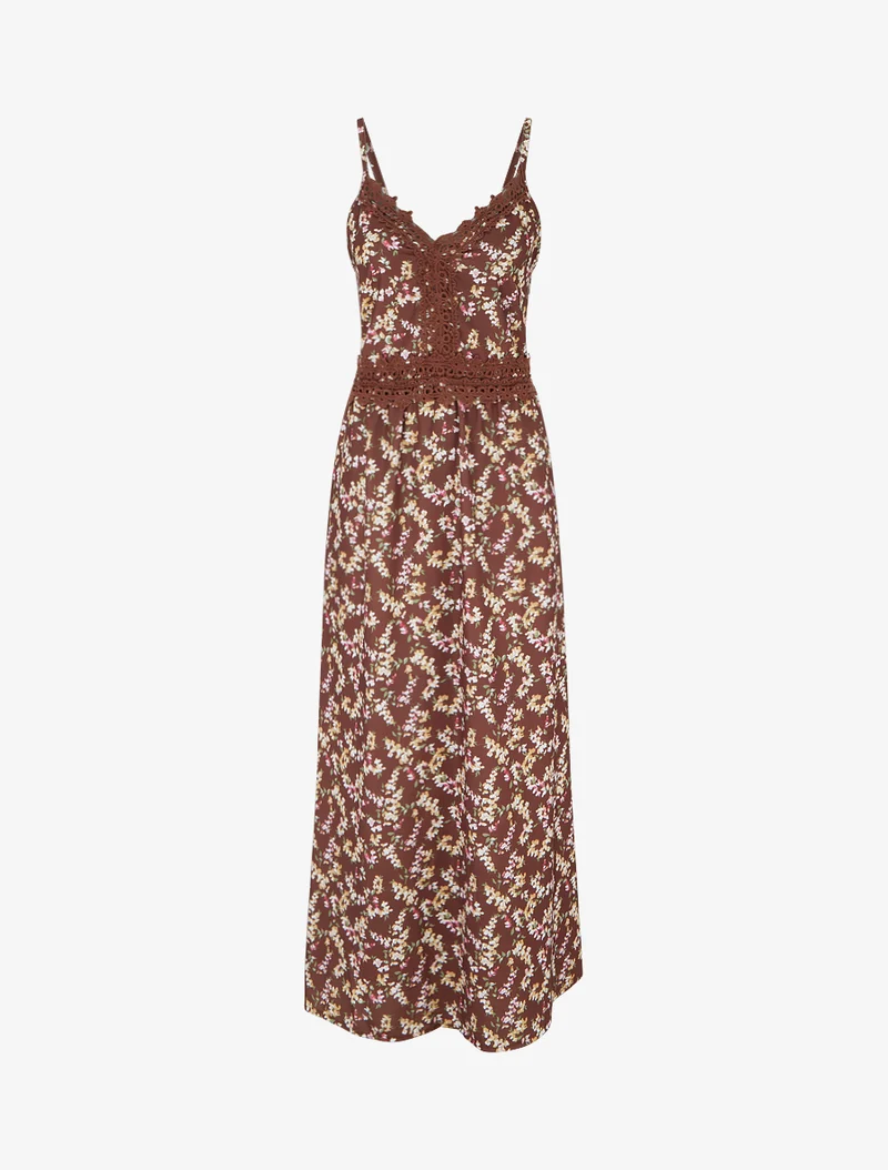 Robe longue fleurie à dos élastiqué - Marron