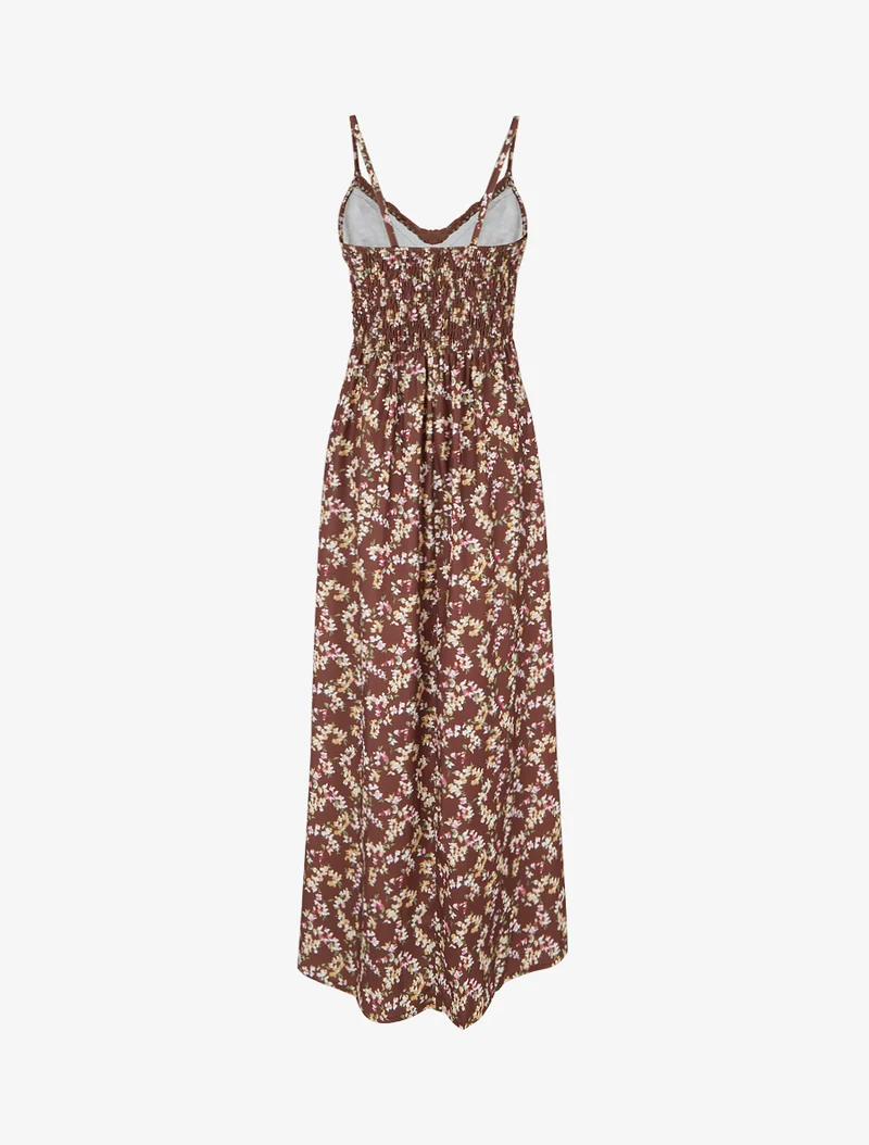 Robe longue fleurie à dos élastiqué - Marron