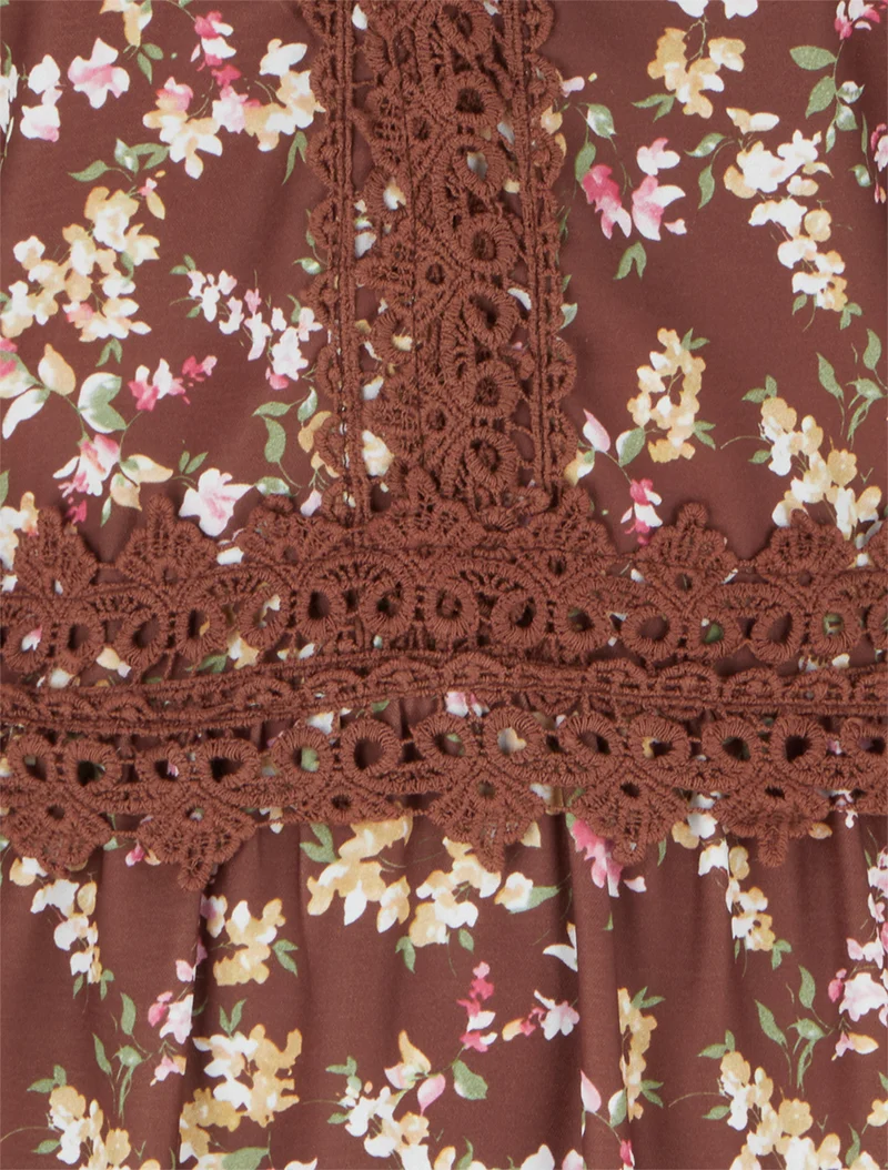 Robe longue fleurie à dos élastiqué - Marron