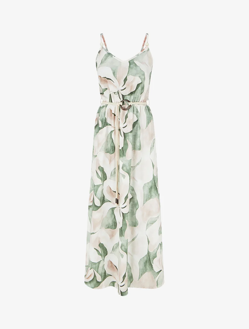 Robe longue imprimé floral à taille élastiquée - Vert
