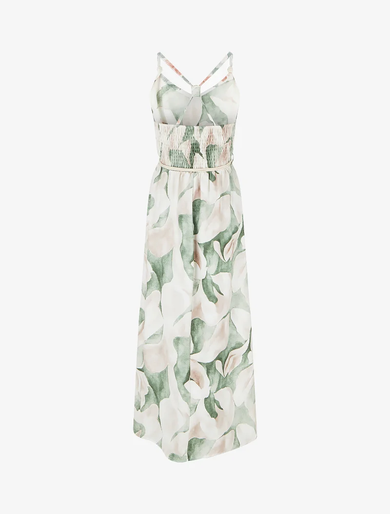 Robe longue imprimé floral à taille élastiquée - Vert