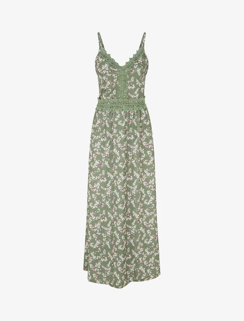 Robe longue fleurie à dos élastiqué - Kaki