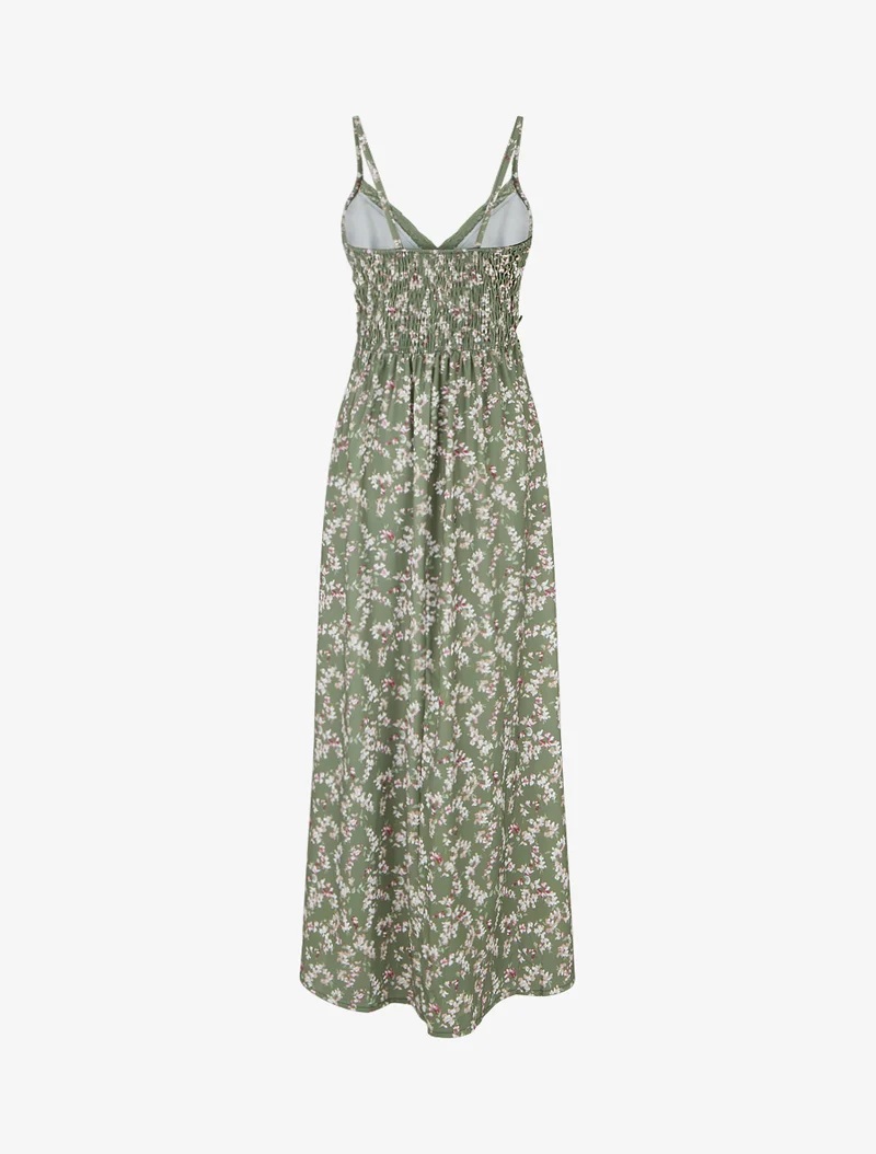 Robe longue fleurie à dos élastiqué - Kaki