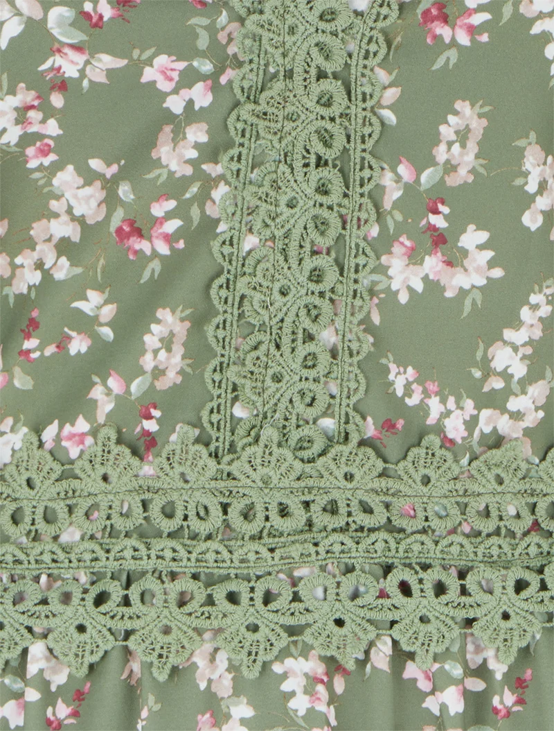 Robe longue fleurie à dos élastiqué - Kaki