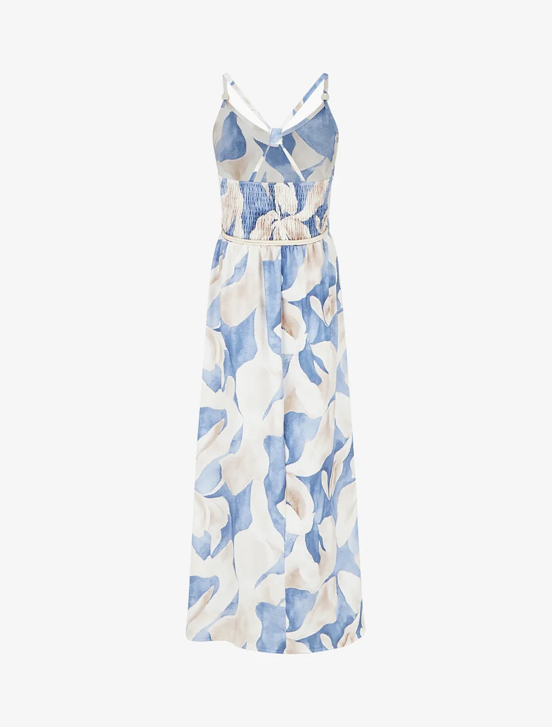 Robe longue imprimé floral à taille élastiquée - Bleu