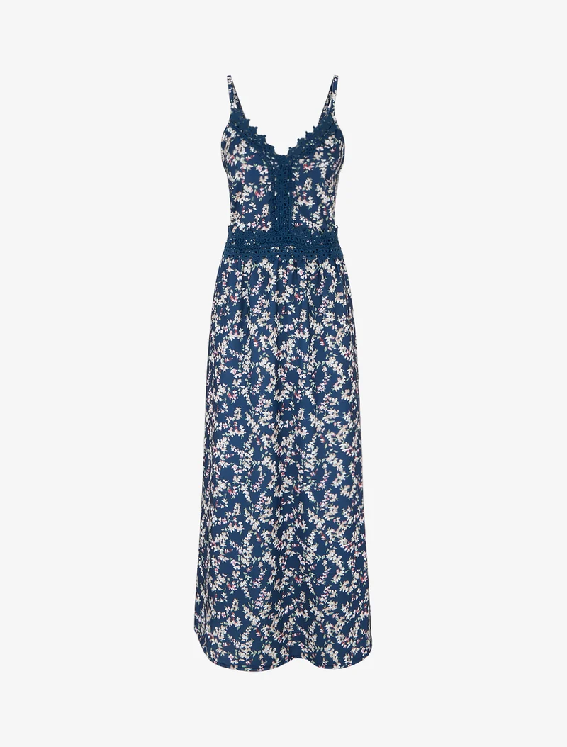 Robe longue fleurie à dos élastiqué - Marine