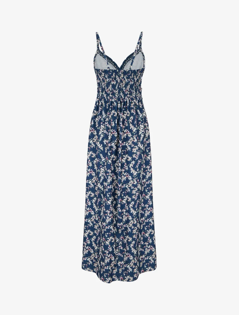 Robe longue fleurie à dos élastiqué - Marine