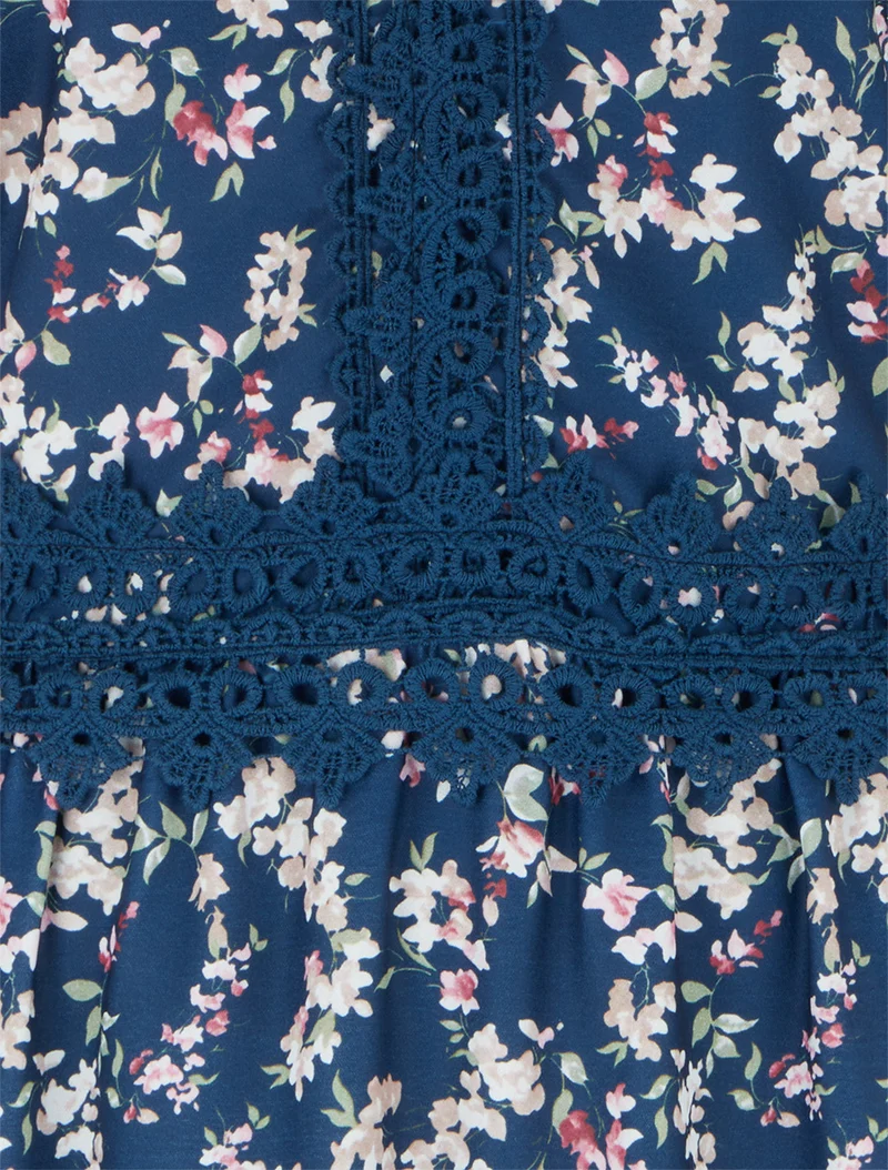 Robe longue fleurie à dos élastiqué - Marine