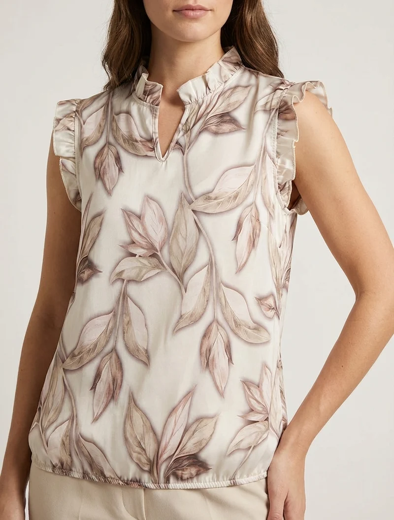 Top boule satiné imprimé feuillages - Beige