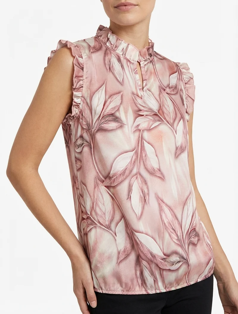 Top boule satiné imprimé feuillages - Vieux rose