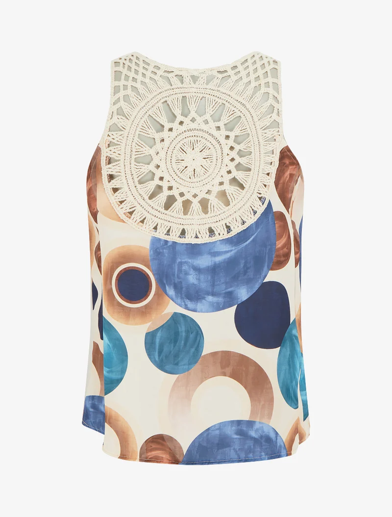 Top imprimé graphique à empiècement en crochet - Bleu foncé