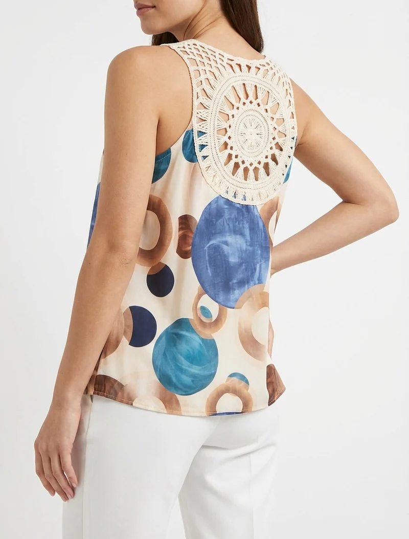 Top imprimé graphique à empiècement en crochet - Bleu foncé
