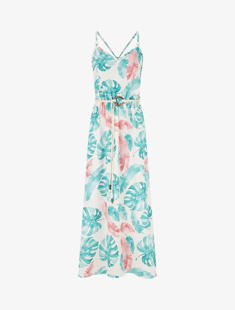 Robe longue imprimé feuillage à taille élastiquée - Turquoise