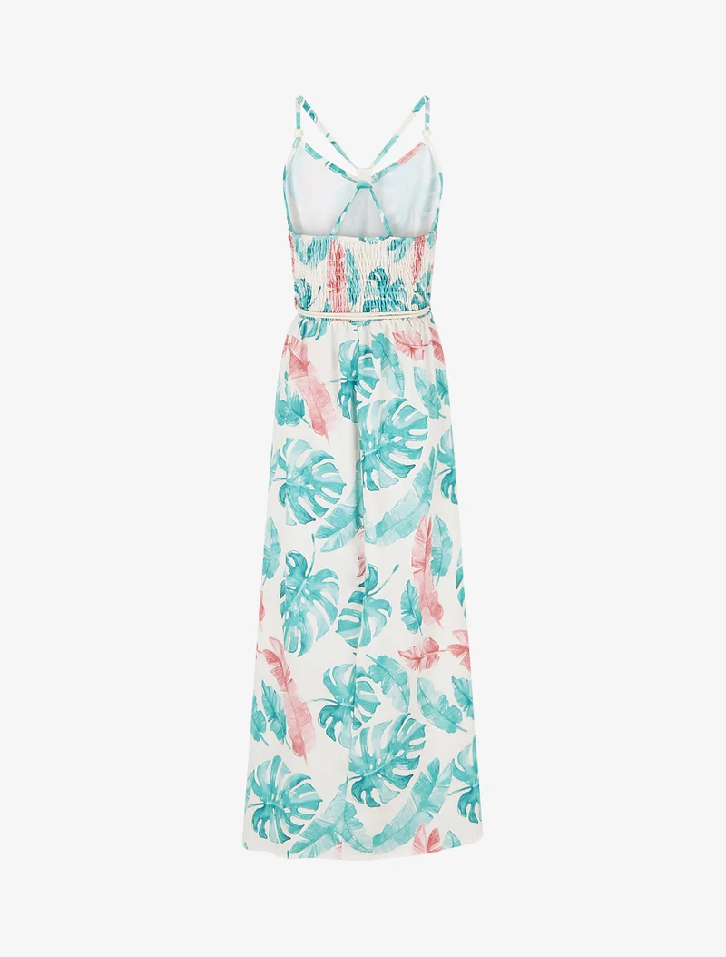 Robe longue imprimé feuillage à taille élastiquée - Turquoise
