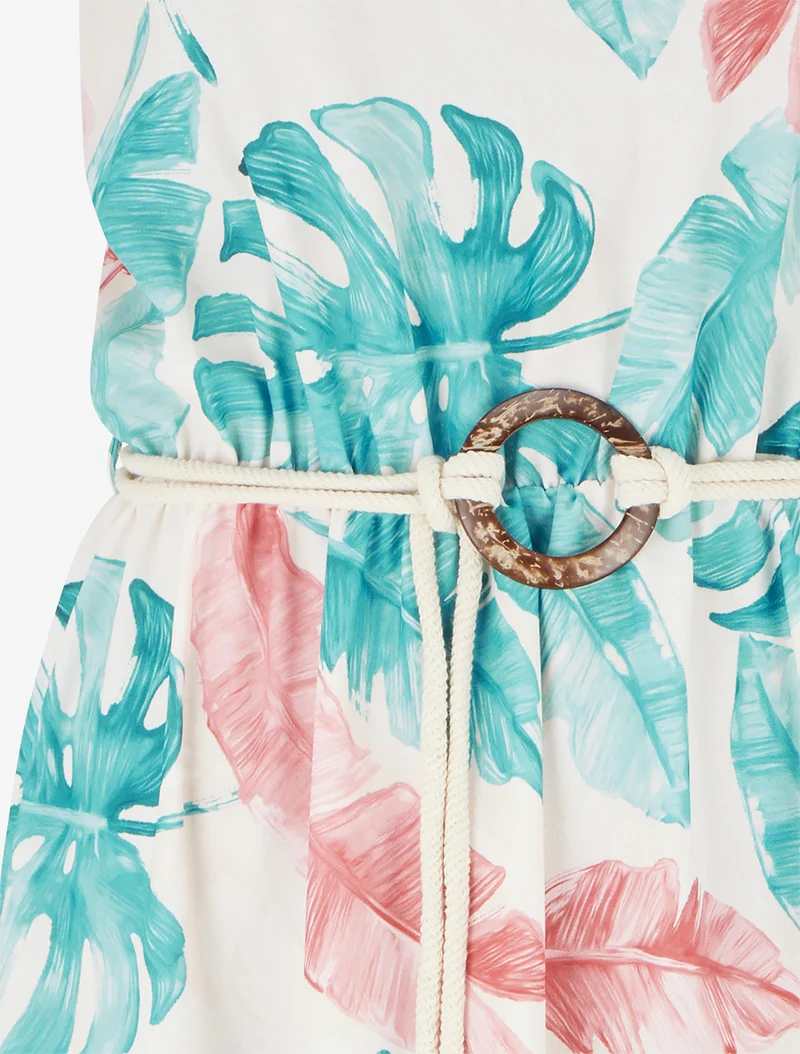 Robe longue imprimé feuillage à taille élastiquée - Turquoise