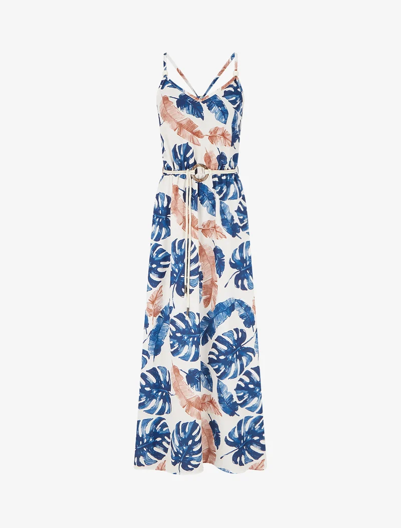 Robe longue imprimé feuillage à taille élastiquée - Marine