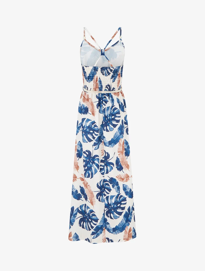 Robe longue imprimé feuillage à taille élastiquée - Marine