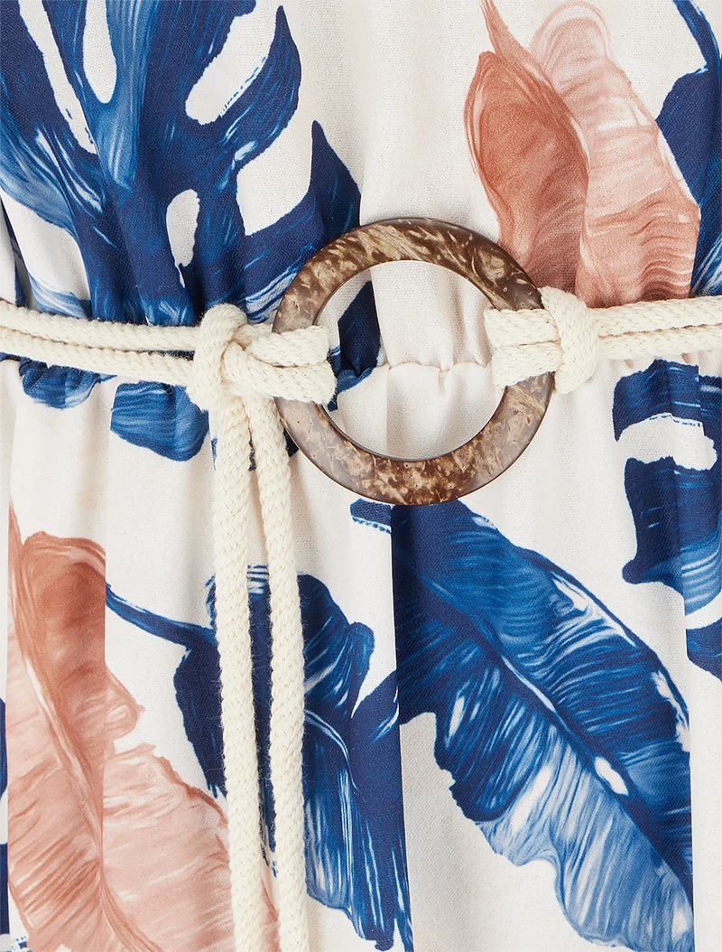 Robe longue imprimé feuillage à taille élastiquée - Marine